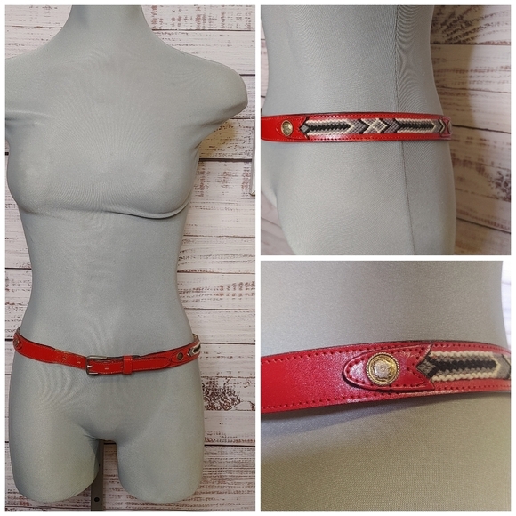 Red Embroidered Leather Belt Size L - Picture 1 of 13